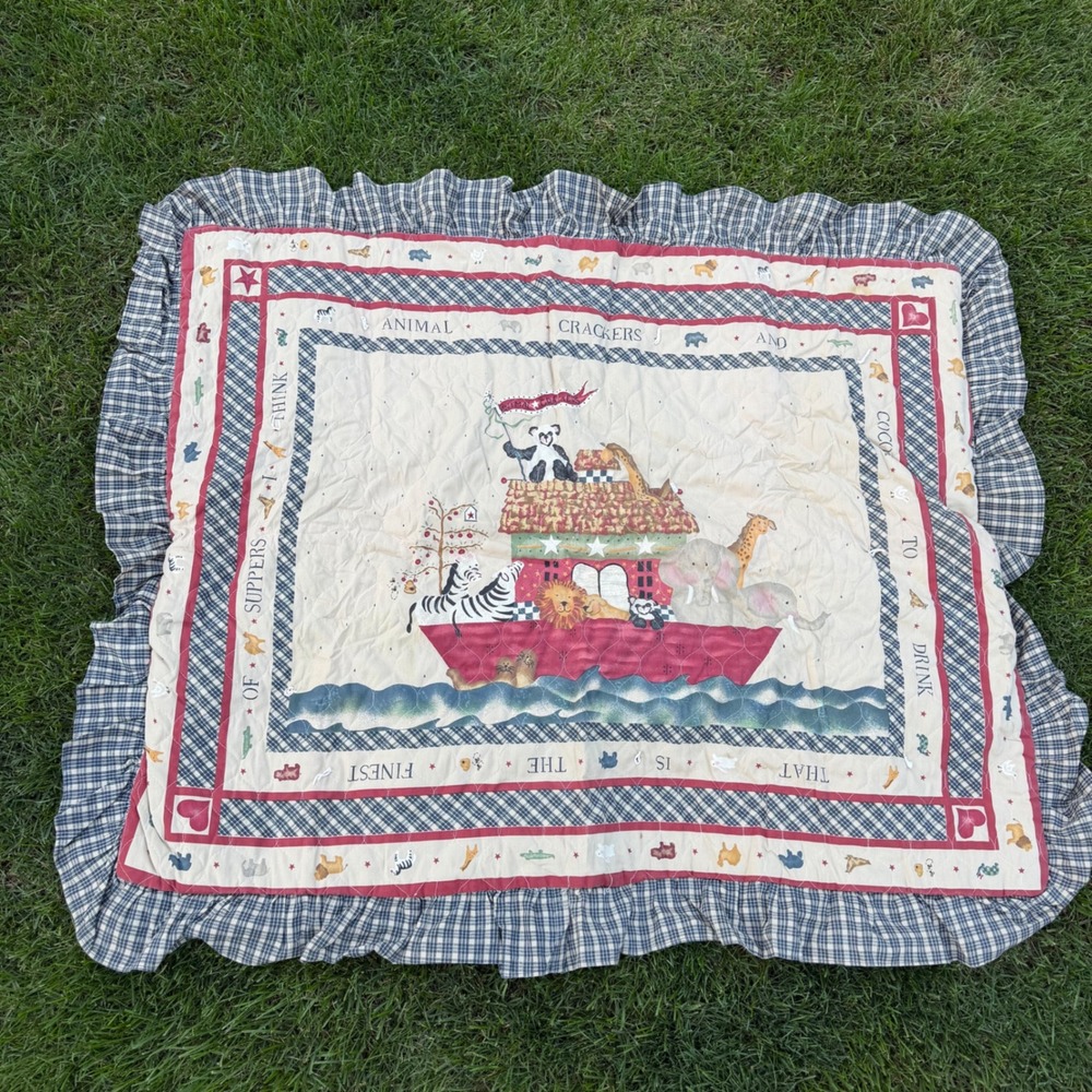 Noah's Ark Quilted Baby Blanket Ruffle Plaid Animal Crackers Nursery Blue Red